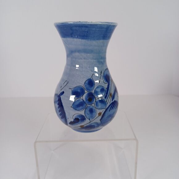 Vintage Tonala MEXICO Pottery 5" Vase Blue Bird And Flowers Artist Signed EUC - Picture 2 of 9
